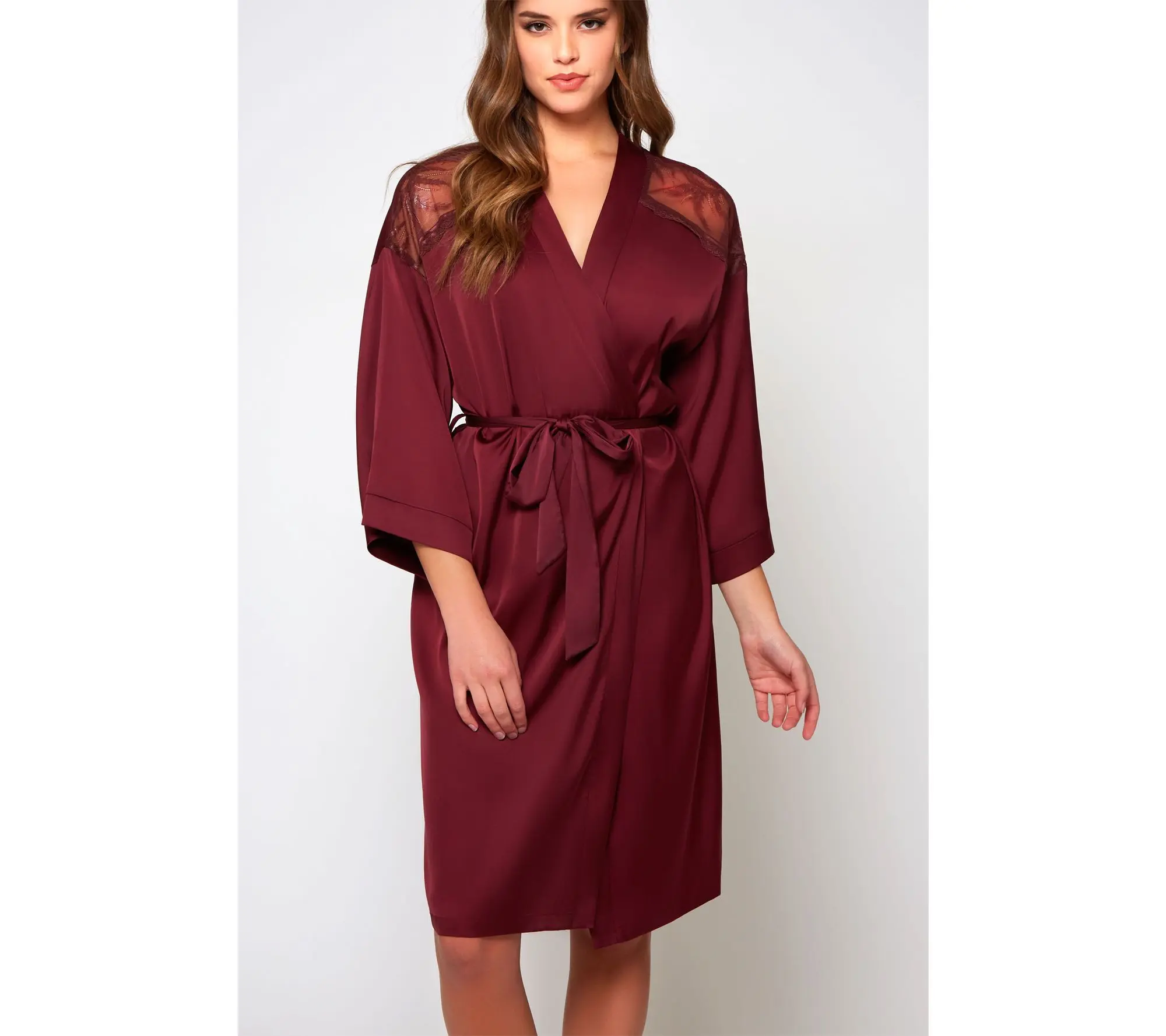 iCollection Stretch Satin Embriodered  Shoulders Belted Robe