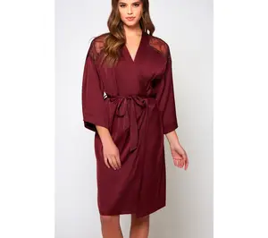 iCollection Stretch Satin Embriodered  Shoulders Belted Robe