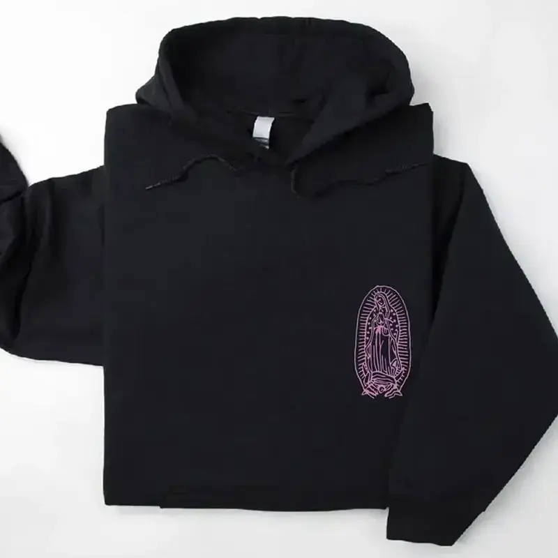 Virgen de Guadalupe Printed Hoodie, Unisex Catholic Faith Hooded Sweatshirt, Our Lady of Guadalupe Pullover, Religious Hoodie, Faith-Based Gift for Men and Women