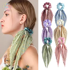 6-Pack Pleated Scrunchies with Gold Foil Print, retro-style satin hair ties with long scarf tails, perfect for ponytails, half-up styles, and boho looks, soft and stretchy for all-day wear