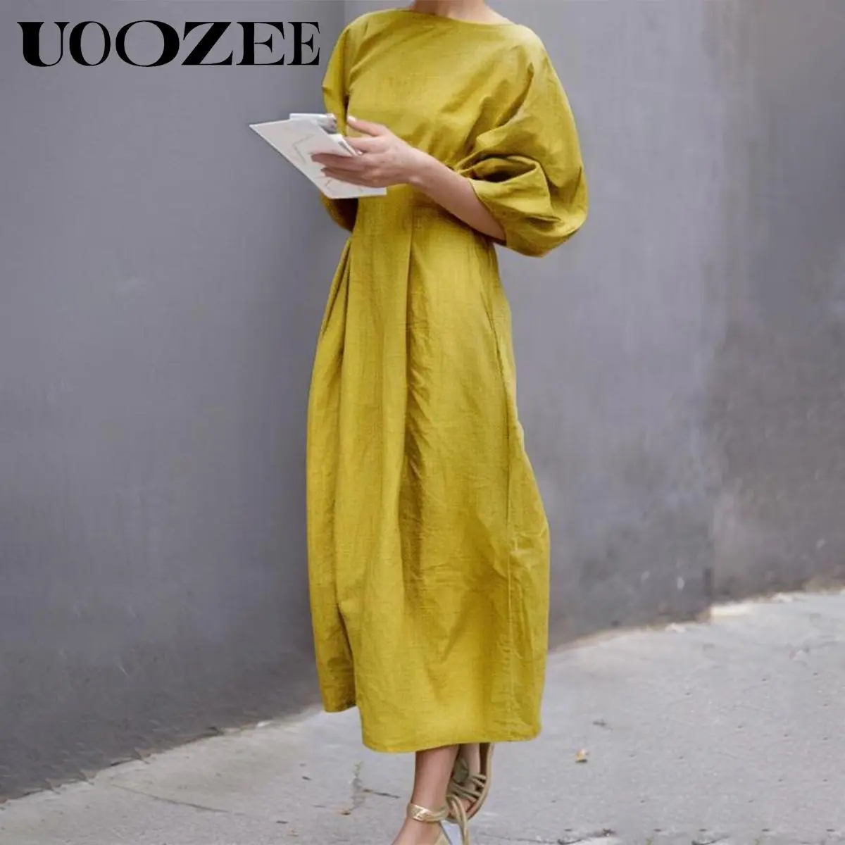 UOOZEE Lady's Elegant Linen-Viscose Blend Maxi Dress - Women's Clothes, Casual Wear, Engagement & Outdoors, Solid Round Neck, Half Sleeves, Pockets, Elegance, Skirt, Fabric, Maxi Dress For Women, Basic, Going Out, Plain, Women's Dresses