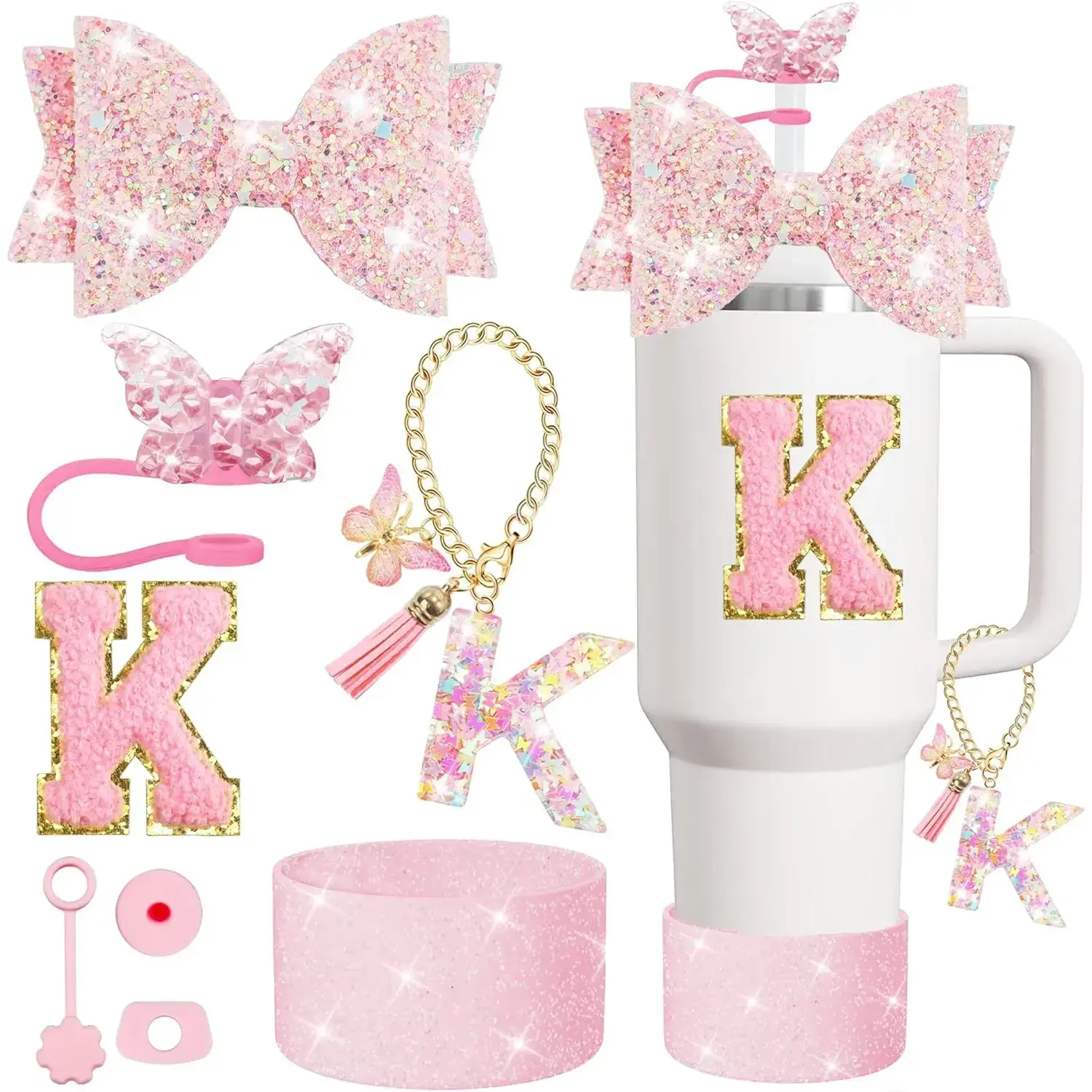 OUTDOOR 8PCS Stanley Cup Accessories Set for Stanley Cup 30oz 40oz Tumbler with Handle,Including Straw Topper Cover Cap and Boot,Spill Proof Stopper,Handle Charm,Initials Sticker (Pink K)