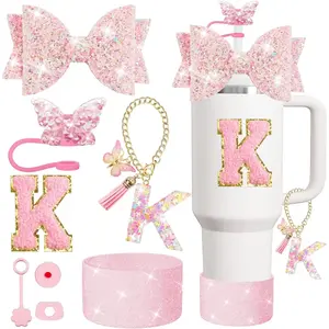 8PCS Stanley Cup Accessories Set for Stanley Cup 30oz 40oz Tumbler with Handle,Including Straw Topper Cover Cap and Boot,Spill Proof Stopper,Handle Charm,Initials Sticker (Pink K)