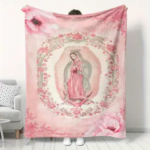 Pink Virgin Mary Printed Flannel Blanket Soft and Warm Digital Print Suitable for Sofa Bedding Travel Camping Living Room Office Machine Washable Modern Style All-Season Multi-Purpose