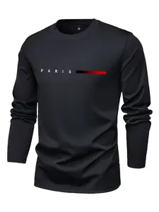 Men's spring and autumn thin long-sleeve T-shirt with personalized Paris letter print pattern, trendy fashion casual sports outdoor black men's top clothing, suitable as a gift for husband or boyfriend.