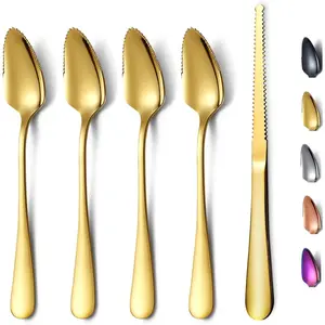 5 Pieces Gold Grapefruit Utensil Set, 4 Stainless Steel Titanium Plating Serrated Grapefruit Spoons and 1 Grapefruit Knife, 5 Pack Serrated Edges Fruit Utensil (Gold)