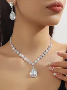 Elegant Emerald Teardrop Jewelry Set, Exquisite Trendy Necklace& Earrings & Bracelet & Ring, Fashionable Jewelry Setfor Party Decoration, Matching Jewelry Set
