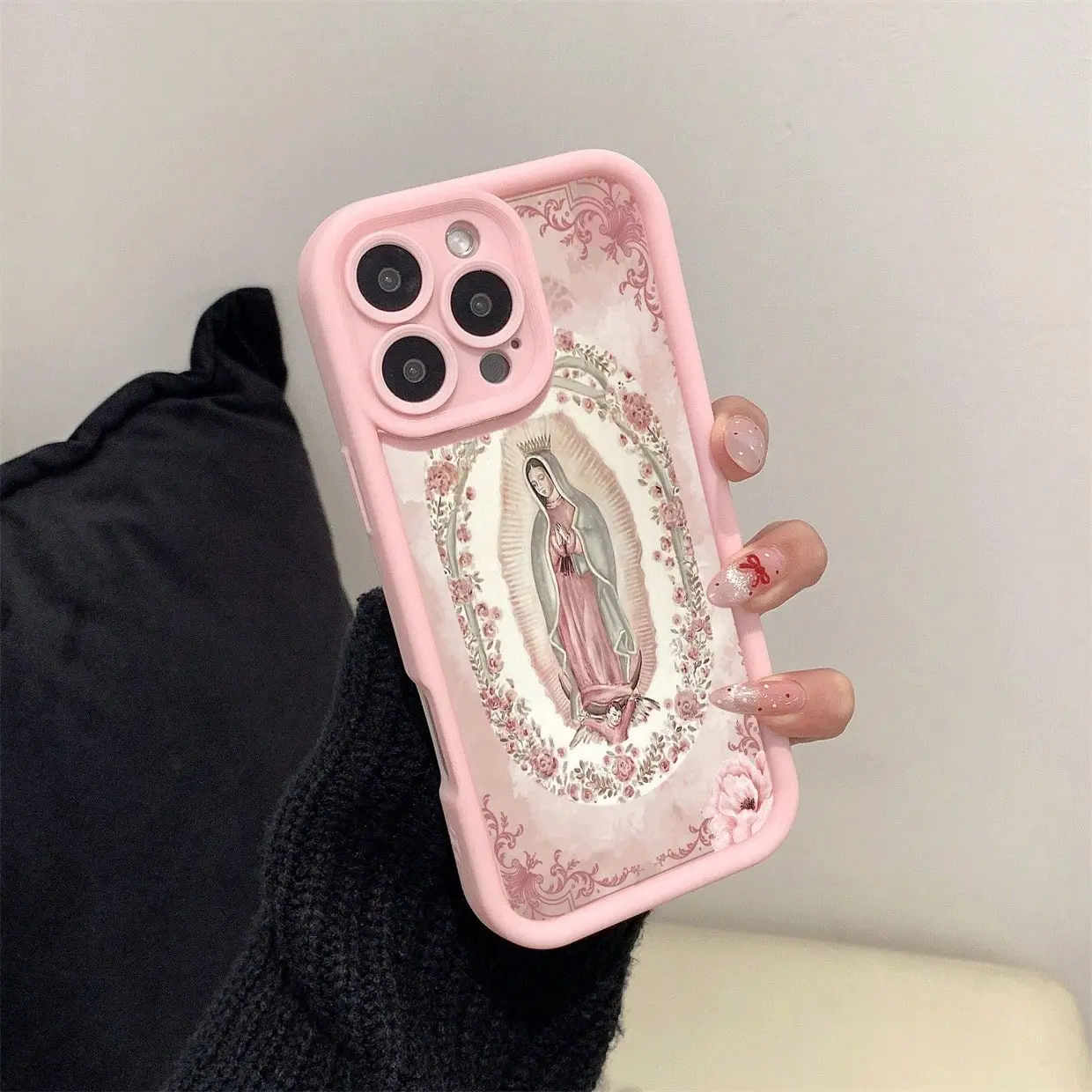 Custom Pink Bamboo Virgin Mary Pattern TPU Phone Case - High-Quality, Non-Slip, Shock-Proof, Durable Shell for iPhone 17,16 Pro Max,16,15 Pro,14 Plus,13,13 Mini,12 Pro,12 Mini,11 Pro Max,X,XS Max for Daily Protection, Full Wrap
