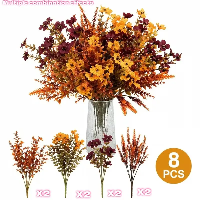 8Pcs Fall Artificial Flowers Bouquet, Vintage Autumn Faux Pansy with Eucalyptus Stems, Thanksgiving Table Centerpieces, Indoor & Outdoor Home Decorations