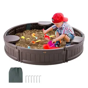fathersdaygift VEVOR Sandbox with Cover, 47.2x 9.1 in Round Sand Box, HDPE Sand Pit with 3 Corner Seating and Bottom Liner, Kids Sandbox for Outdoor Backyard, Beach, Park, Gift for Boys Girls Ages 3-12, Brown