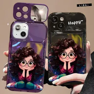 Curly-haired, cute-eyed girl design phone case for iPhone 17/16/15/14/13/12/11 Pro Max Plus. Features a girl pendant, built-in flip stand and mirror, and a shockproof soft silicone case 995