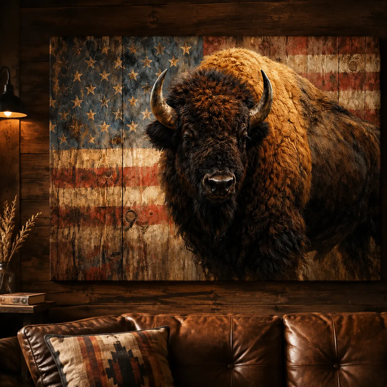 American Buffalo Wood Framed Canvas Wall Art, Rustic Western Bison Print for Ranch, Man Cave or Office Decor