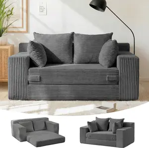 WINZOO 3-in-1 Convertible Corduroy Futon Sleeper - Oversize Single-Seat Boneless Sofa Bed with 4 Pillows, Pull-Out Couch for Living Room Indoor Furniture