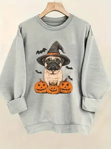 [Halloween Pug Sweatshirt] Spooky-Cute Halloween Pug Graphic Print Women's Sweatshirt  Comfortable All Seasons, Machine Washable
