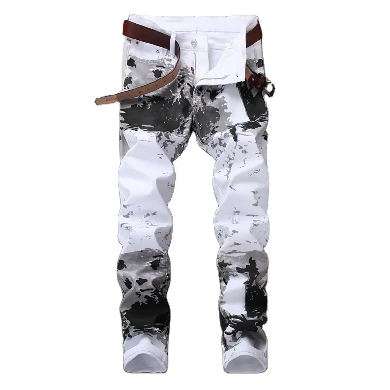 Men's Camouflage Jeans, Stylish Slim Straight Colorblock Denim, Heavyweight Beltless Mid Waist Streetwear, Foldable All-Season Gift for Valentines Day, Easter, Casual, Halloween, Fabric, Him, Clothes, Christmas