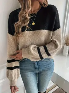 Plus Size Patchwork Striped Drop Shoulder Sweater, Casual Long Sleeve Round Neck Jumper for Fall & Winter, Women's Plus Clothing for Daily Wear