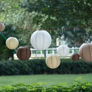 Set of 8 Natural Brown Hanging Paper Lanterns, Decorative Round Chinese Sky Lanterns, Assorted Sizes - 6",8",10",14"