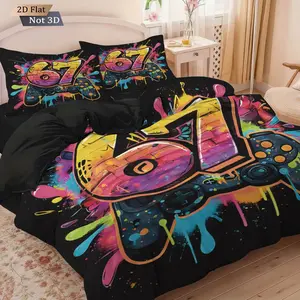 3pcs Six Seven & Game Controller Pattern Duvet Cover Set, Bedroom Bedding Set, Includes 1 Duvet Cover & 2 Pillowcases, Excludes Duvet Insert and Pillow Inserts, Soft Comfortable Fabric, Suitable for Bedrooms, Gift for Gamers, Bed Sets Supplies
