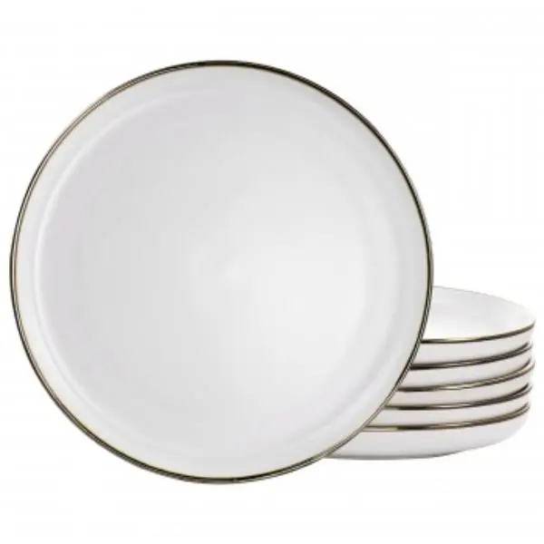 Elama ELM-ARTHUR6D Arthur Classic Round Stoneware Plates Set - 6-Piece Sturdy Matte White Dinner Plates with Gold Rim, Microwave Safe, Dishwasher Safe for Dining Table, Six Pieces