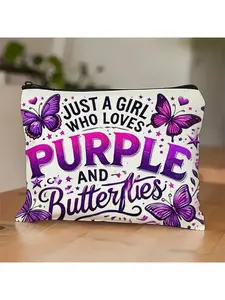 1pc Purple Butterfly Motivational Makeup Storage Bag with Zipper - "Just a Who Loves Purple and Butterflies" Design, Portable Cosmetic & Toiletry Organizer for Travel, Vacation, Fitness, Camping - Unisex Adult Accessory Gift, Travel Toiletry Pouch,