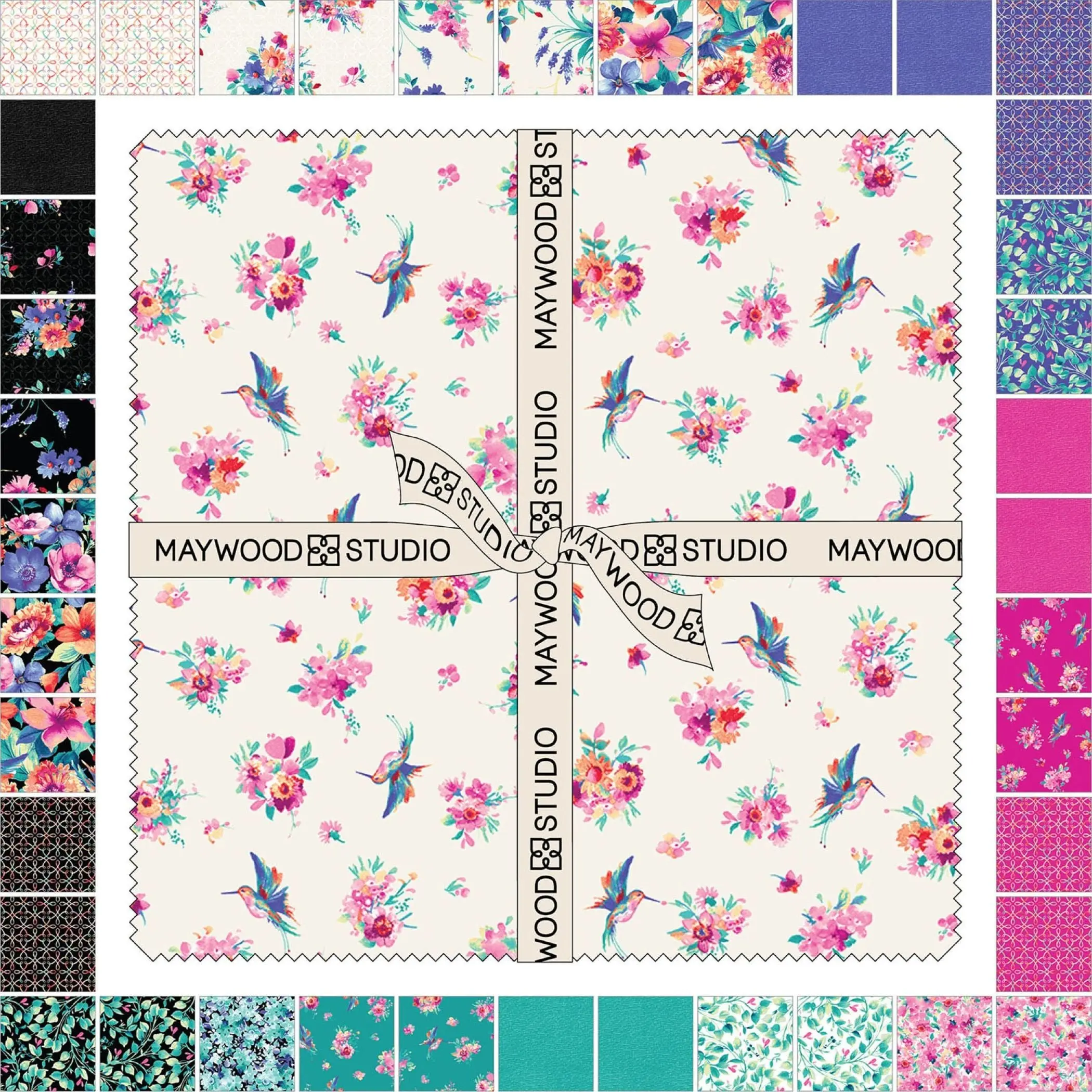 Summer Buzz 10" Precut Cotton Fabric | Hummingbird and Floral Quilting Bundle | 42 Pieces