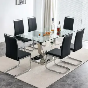 MUUOKY 63" Glass Dining Table Set,Modern Dining Room Table Set,Kitchen Table and PU Leather Chairs, Dinner Table with Rectangle Tempered Glass Top and Chrome Silver Base-weekly picks