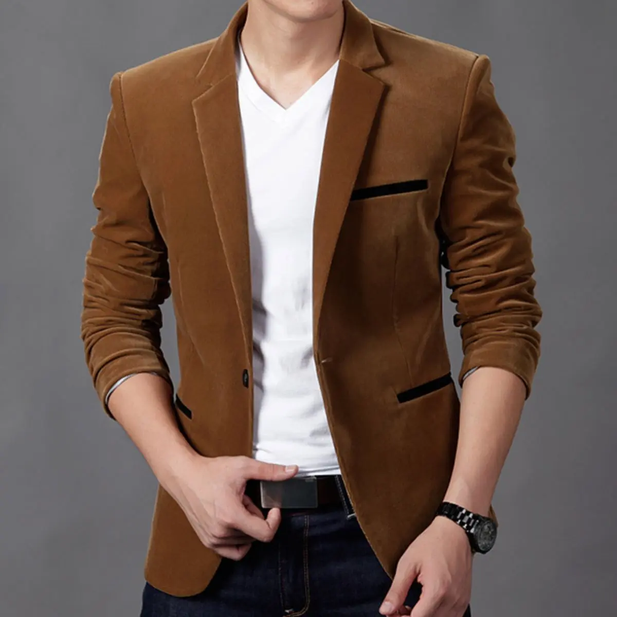 Men's Slim-Fit Corduroy Jacket, Long Sleeve Solid Color Single-Button Business Casual Blazer with Pockets for Autumn