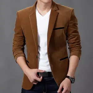 Men's Slim-Fit Corduroy Business Casual Jacket, Polyester Fabric, Long-Sleeve Design with Pocket