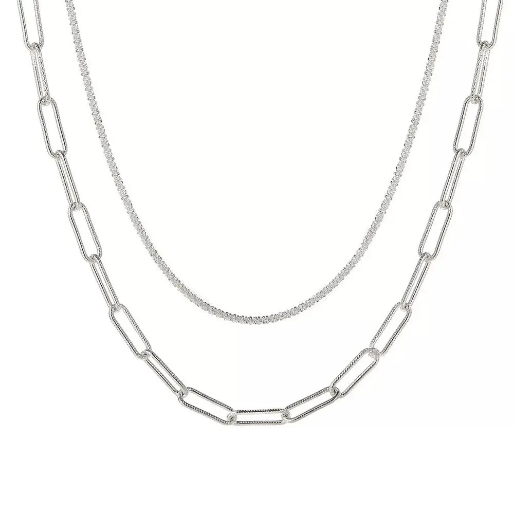 Women's Mixed‑Link Layered Necklace Set I Elegant Silver Plated Daily Jewelry I Sparkle Texture Paperclip Stack Necklaces for Ladies, Easy Lobster Clasp, Customizable Fit, Chic Everyday Neck Accessory ｜｜，