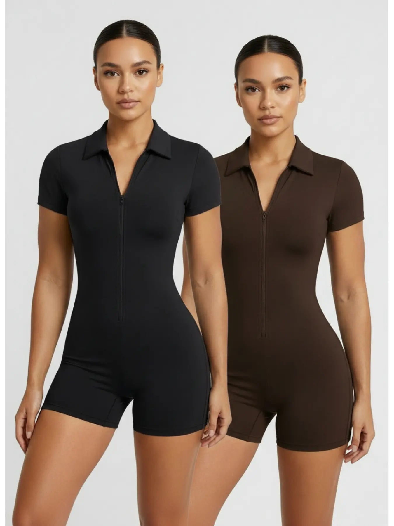 Black Polo collar half-zip short-sleeve jumpsuit, Sporty Jumpsuit, Workout Jumpsuit, Half Zip Jumpsuits, Workout Fitness Jumpsuit, Sportswear Jumpsuit, Athleisure Style, casual style, slim and figure-flattering, suitable for daily commute and sports