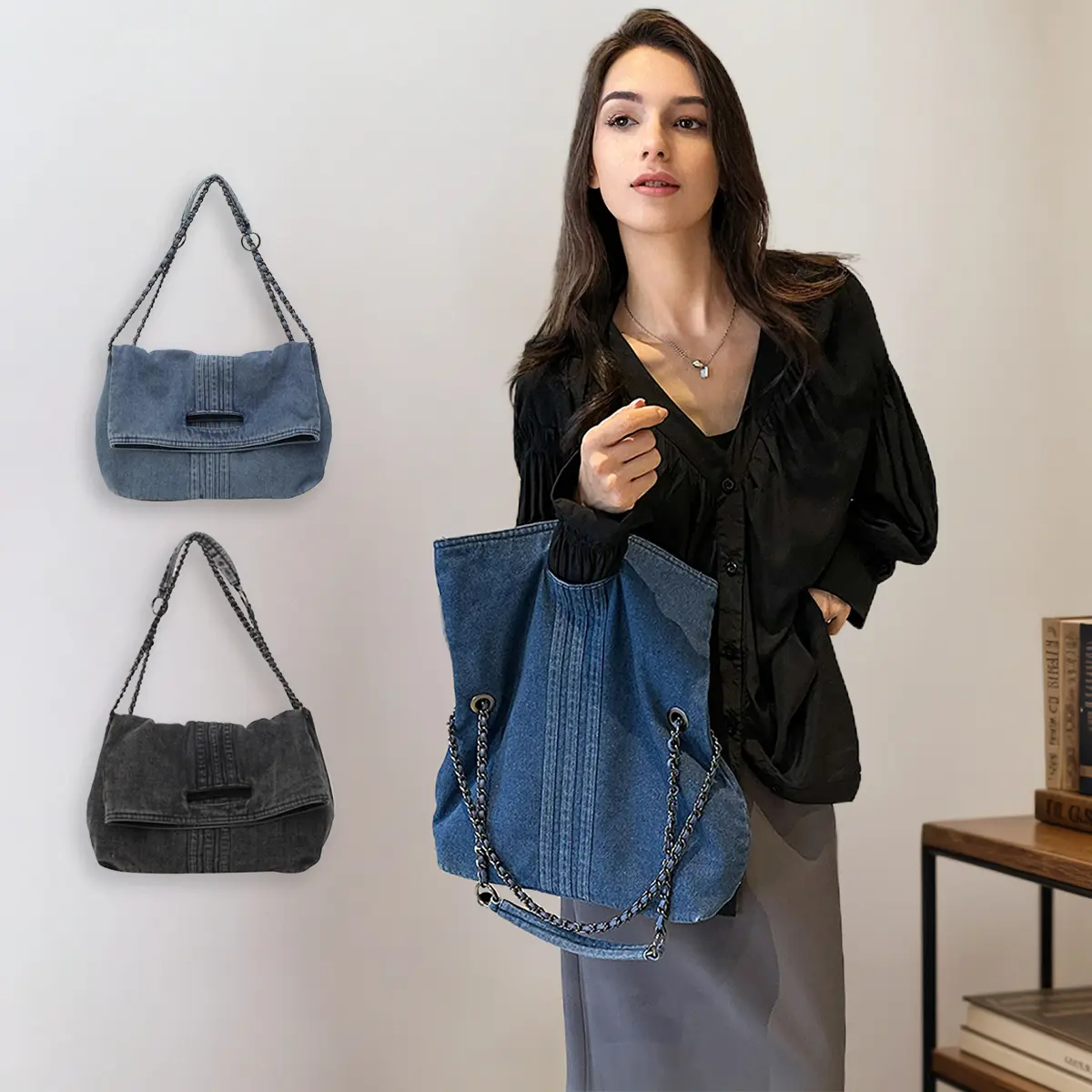 Women's Denim Crossbody & Shoulder Bag, Stylish Large Capacity Underarm Purse with Chain Strap, Crossbody with Chain for Party, Denim Crossbody Bags