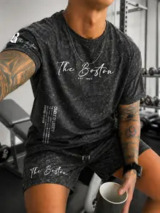 New Men's Summer Sporty Casual Set, Boston Design Letter Print Drawstring Waist Shorts, Comfortable Fitted Suit for Daily Wear