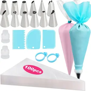 Piping Bags and Tips Set, 120 Pcs Cake Decorating Kit with 100 Disposable Piping Bags, Reusable Icing Bag, Frosting Tips, Couplers, Cake Scrapers, Cupcake Decorating Supplies