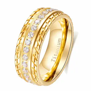 GYVAIN Yellow Gold Plated 8mm AAA CZ Titanium Steel Mens Ring Men Wedding Band Man Ring