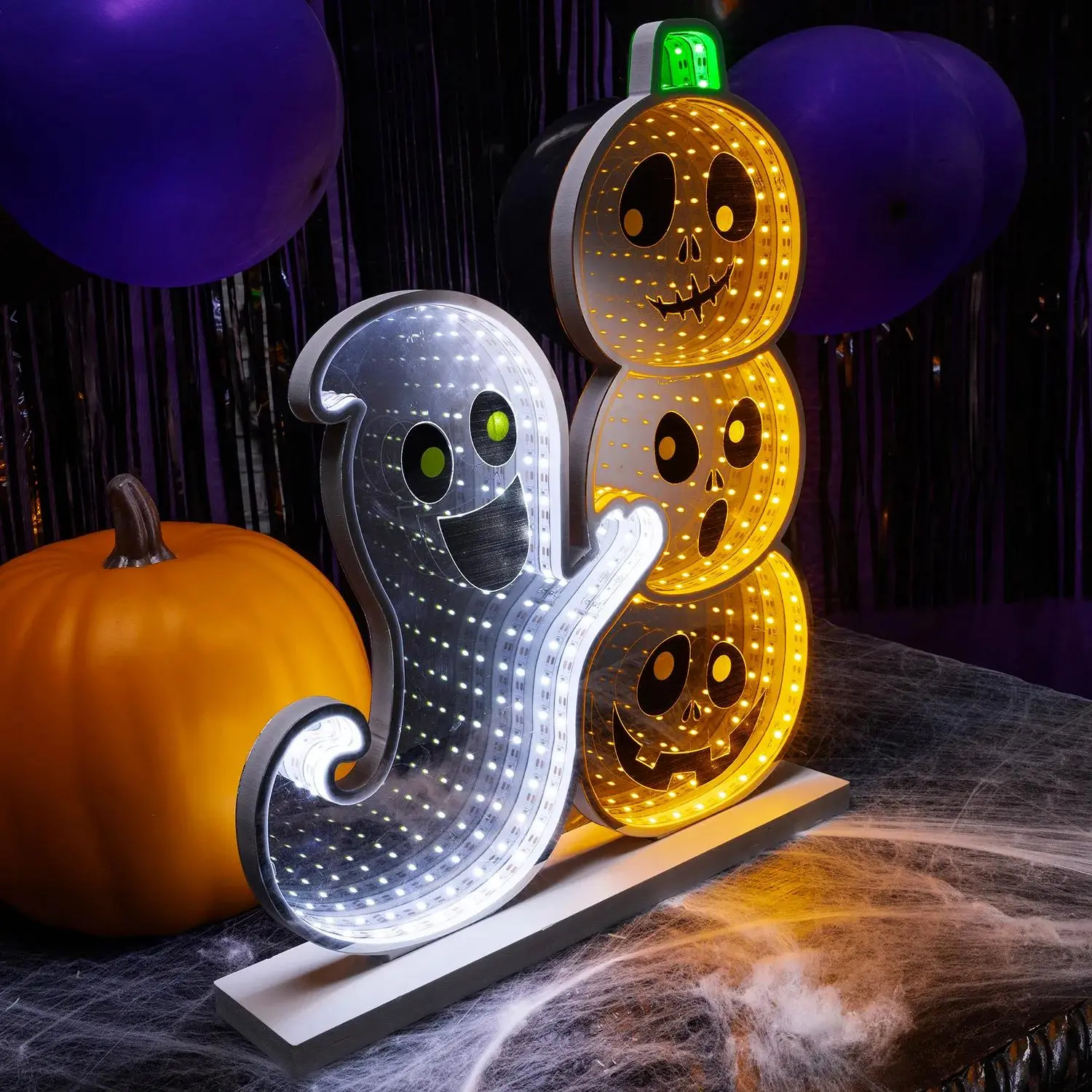 15.25in Spooky LED Lantern, Halloween Happy Ghost & Jack-O'-Lantern Plastic Infinity Light, Multicolor Room Decoration for Festive Home Use, Colorful
