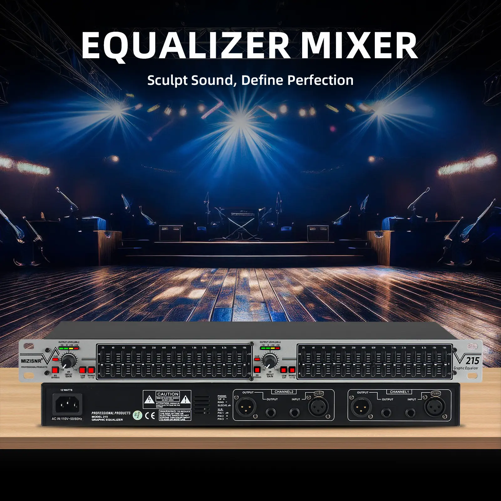 Graphic Equalizer 15-Band Stereo EQ for Home Audio, Dual Channel Professional DJ Equalizer, Noise Reduction 1U Rack Mount (EQ-215S)