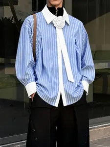 INCERUN Men Shirt Striped Patchwork Flower Lapel Long Sleeve Men Clothing Streetwear Loose Korean Style Fashion Basic Tops Male Shirts