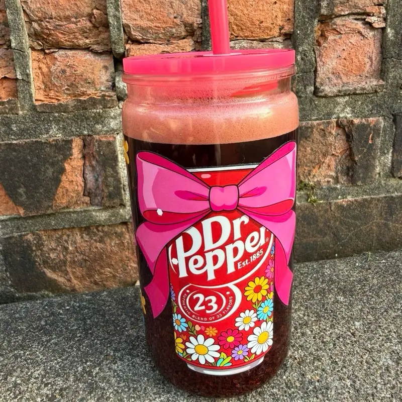 Pink Bow Dr Pepper themed 16oz snowglobe tumbler Drinkware