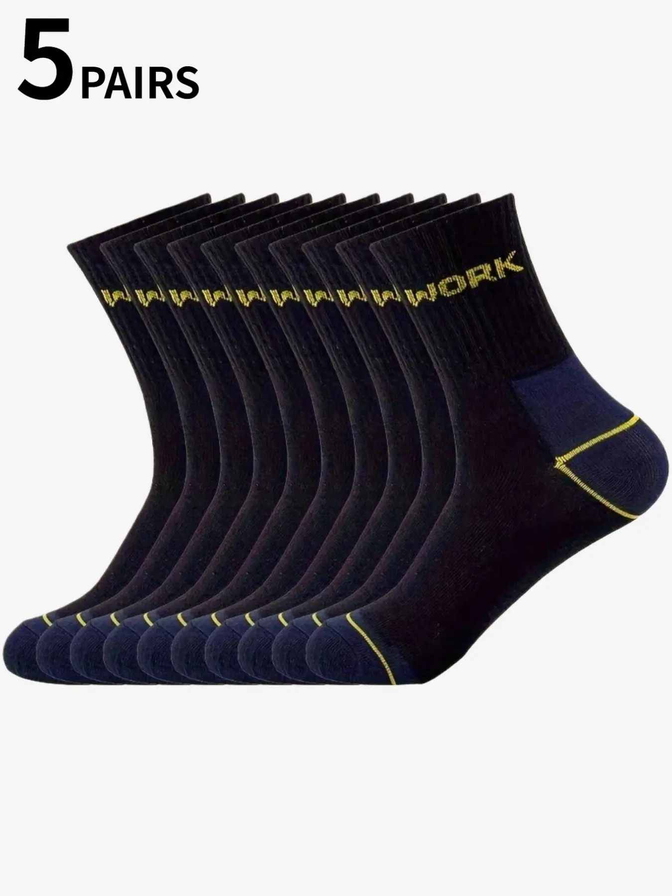 5 pairs of men's classic wear-resistant work knitted socks, navy blue and black, yellow top-stitched "WORK" logo, suitable for work boots/construction sites/hiking