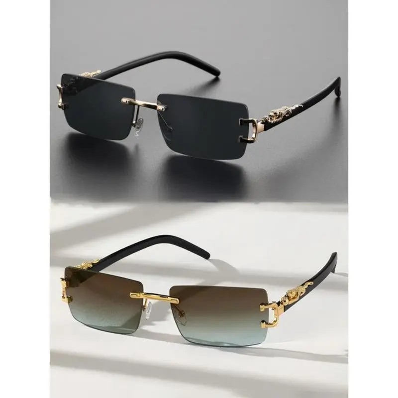Unisex 2-Pack Frameless Rectangle Lightweight Durable Sunglasses - UV400 Protective Minimalist PC Lens, Light Plastic Frame, Comfy Fit Trendy Casual Eyewear Set with Waterproof LED Headlight, Glowing Pumpkin Skull Party Rings for Daily Wear