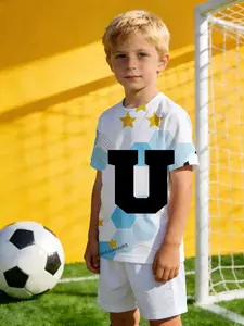 New boys' round neck short sleeve T-shirt, fun children's wear design, comfortable and fashionable, perfect for everyday wear Hexagon Stars And Blue Patterns Short-sleeved round neck top, suitable for daily wear