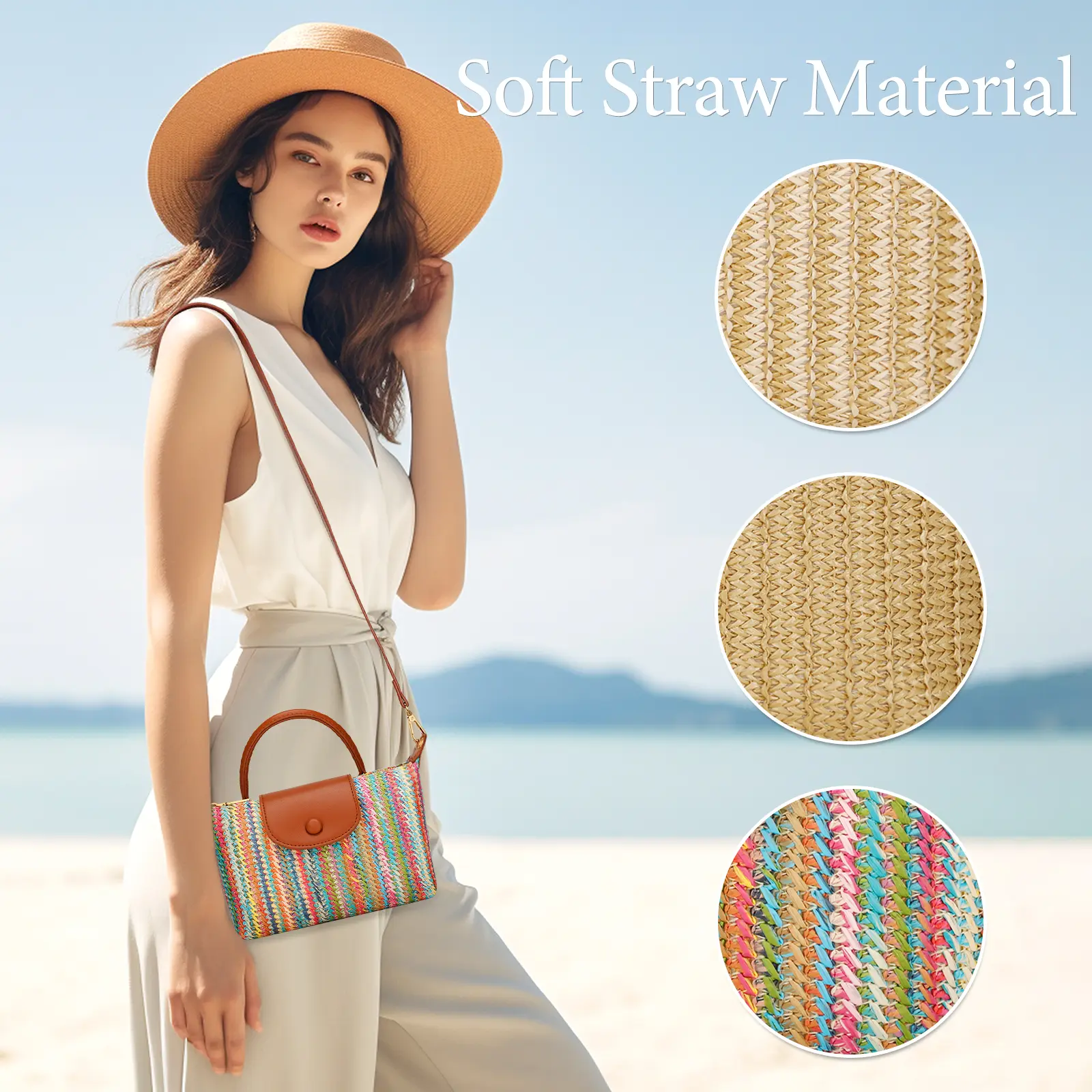 KKXIU Top Handle Straw Woven Crossbody Bag for Women Summer Straw Beach Clutch Shoulder Purse