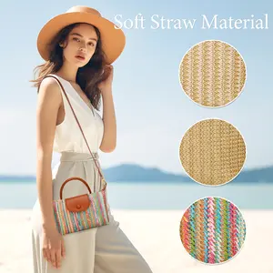 KKXIU Top Handle Straw Woven Crossbody Bag for Women Summer Straw Beach Clutch Shoulder Purse