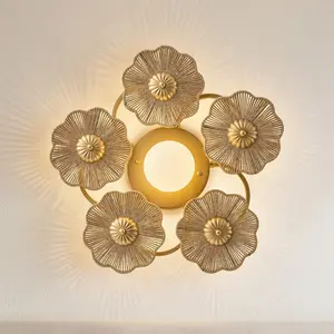 Avery 6-Light Bohemian Gold Ceiling Fixture, Rustic Petal Wall Sconce Home Decor, Unique Straw Rope Floral Lighting for Cozy Room Vibes
