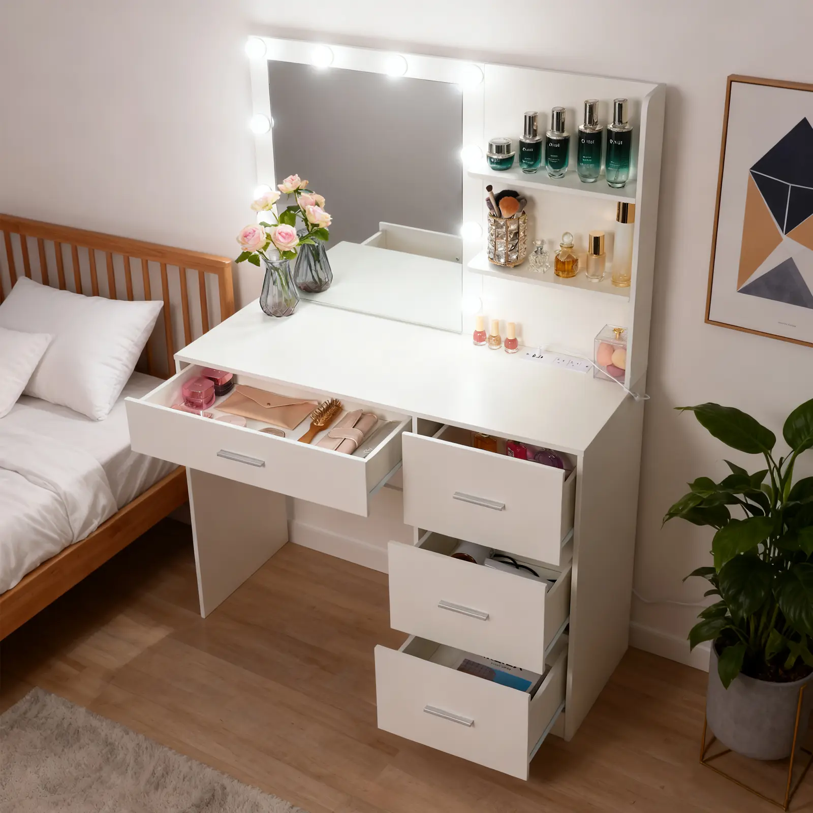39.4-inch Mackup Vanity Desk with Power Outlet,Mirror,10 LED Light and 4 Drawers with Sliding Rails,Essential Makeup Table for Girls Bedroom Furniture,Ideal Gift for Women