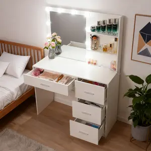 39.4-inch Mackup Vanity Desk with Power Outlet,Mirror,10 LED Light and 4 Drawers with Sliding Rails,Essential Makeup Table for Girls Bedroom Furniture,Ideal Gift for Women