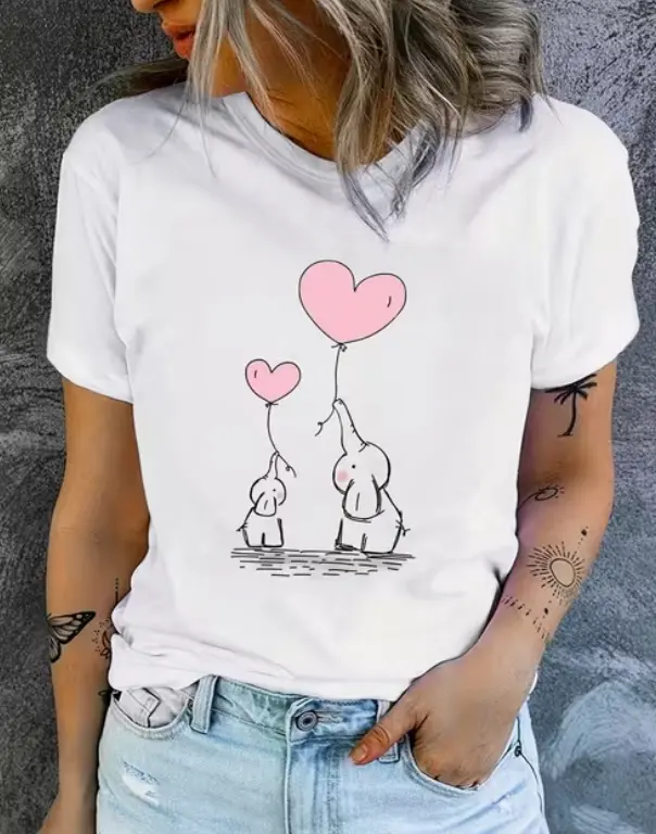 SohoChic-Love And Elephants Print T-Shirt, Casual Crew Neck Short Sleeve Top, Women'S Clothing
