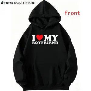 Long Sleeve Hoodie with I Love My Boyfriend Text – Casual Black Crew Neck for Couples