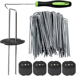 Garden Stakes,6 Inch 11 Gauge 50pcs Galvanized Landscape Stakes + 50pcs Gaskets + 1Pick Hook,U-Shaped Tent Stakes Landscaping Fabric SOD Pins for Weed Fabric Barrier,Groud Cover,Fence