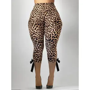 Elegant slim-fit seven-point pants with a high waist, leopard print, comfortable hip-lifting sports bow design, and tight sports leopard-print leggings